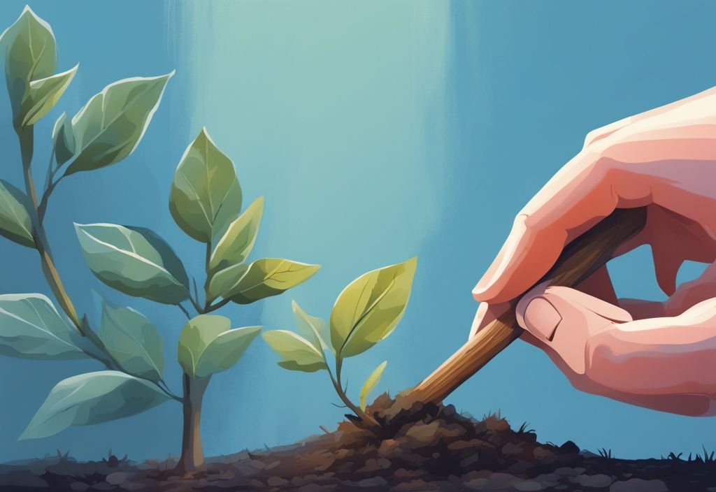 Moderne digitale Illustration in Blau, Hände setzen vorsichtig einen Holzpfahl neben einen jungen Setzling zur Unterstützung, Konzept des Abstützens.