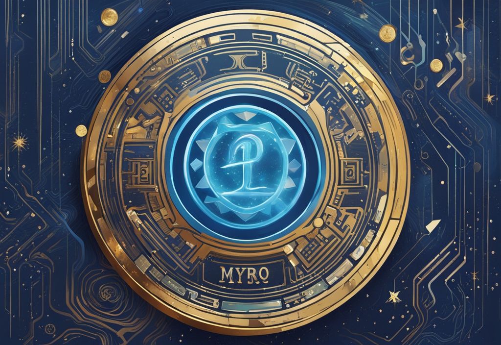 Moderne digitale Malerei mit blauem Farbschema, glitzernde Myro Coin im Zentrum, umgeben von komplexen digitalen Grafiken, die ihre digitale Natur und Wert symbolisieren.