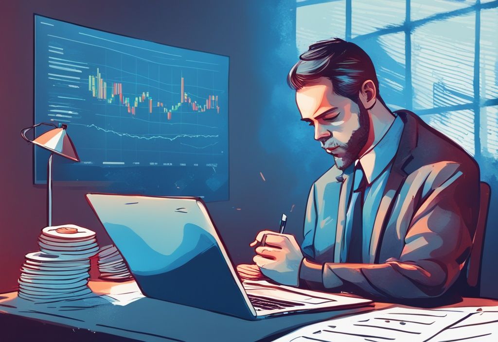 Moderner digitaler Gemälde-Illustration in Blau, zeigt gestresste Person, die auf sinkenden Kryptowährungskurs schaut und Steuerformulare ausfüllt