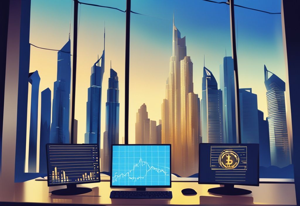 Moderne digitale Malerei mit blauen Farbtönen, Dubai-Wolkenkratzer im Hintergrund, Computerbildschirm mit Kryptowährungsdiagramm und goldene Münze mit "TAX"-Prägung im Vordergrund.