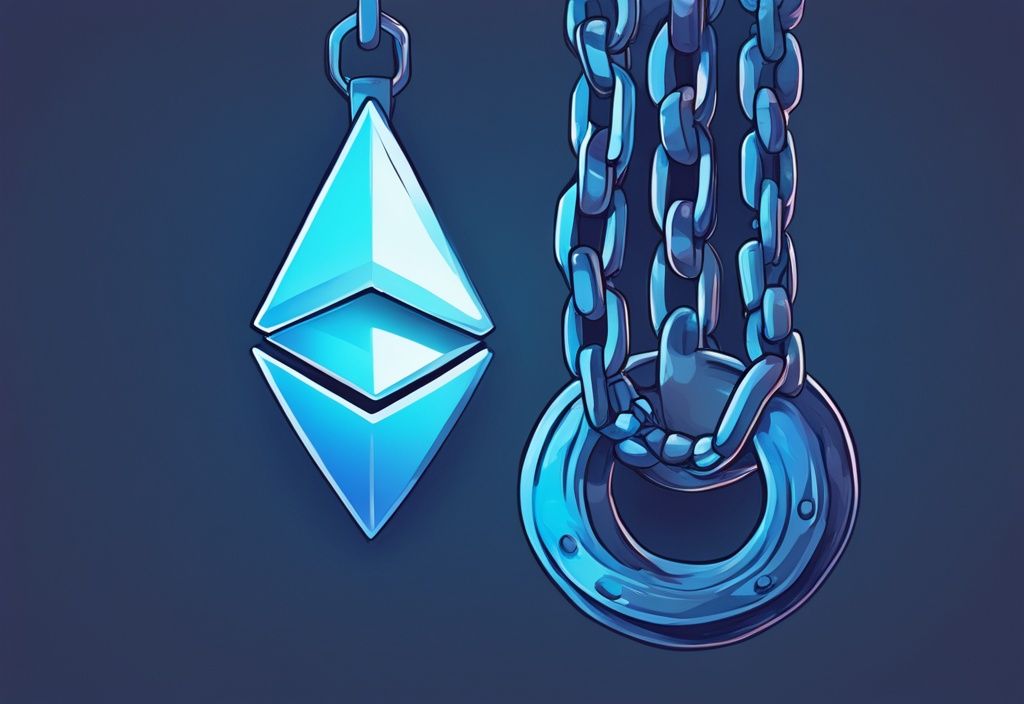 Moderne digitale Malerei mit blauem Farbschema, zwei Ethereum-Ketten verschmelzen symbolisch zu einer stärkeren Kette, beleuchtet von einem sanften, einladenden Glühen.
