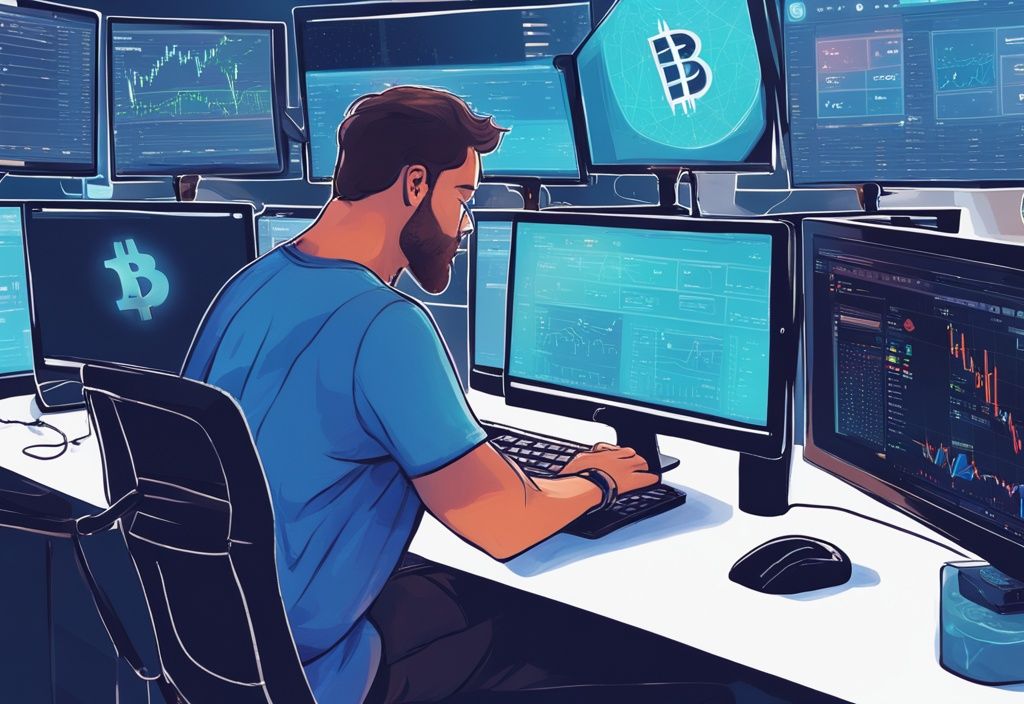 Moderner digitaler Gemäldeillustration eines Anfänger-Traders, der eine benutzerfreundliche Krypto-Börse am Computer navigiert, mit Bitcoin- und anderen Kryptowährungssymbolen im Vordergrund, Hauptfarbthema Blau.