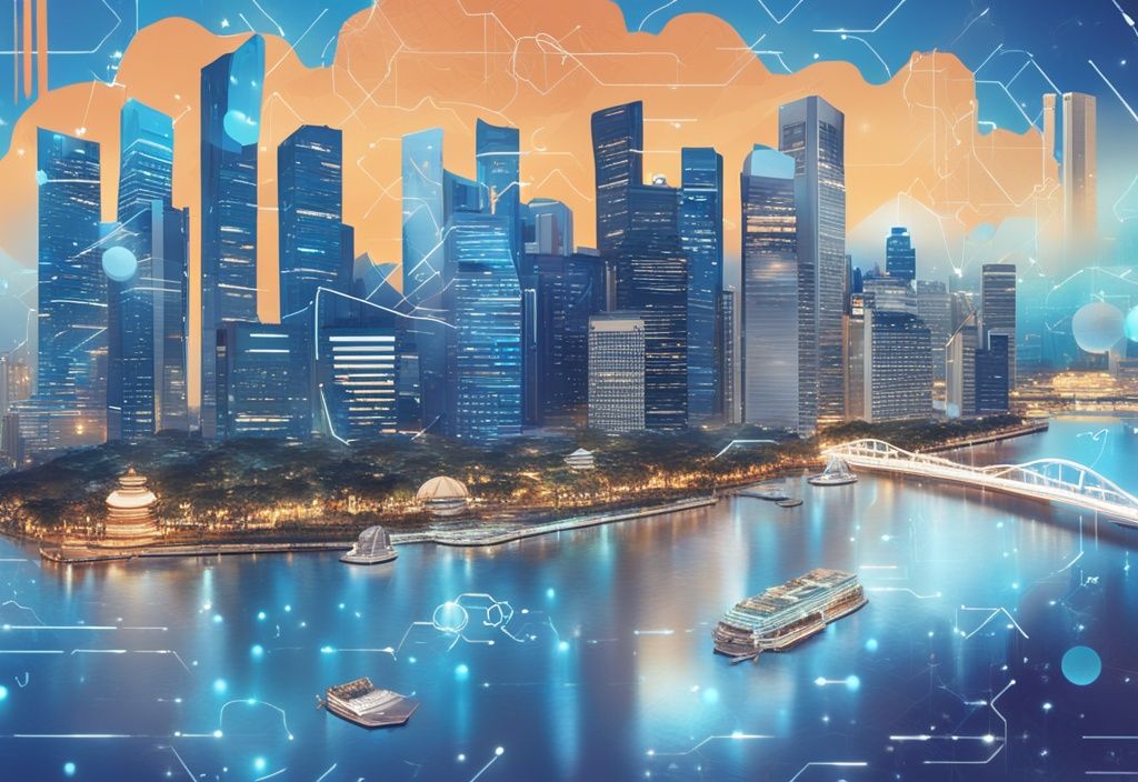 Moderne digitale Illustration in Blau, die die Skyline von Singapur zeigt, mit eingebetteten Kryptowährungssymbolen und einer transparenten Steuererklärung.