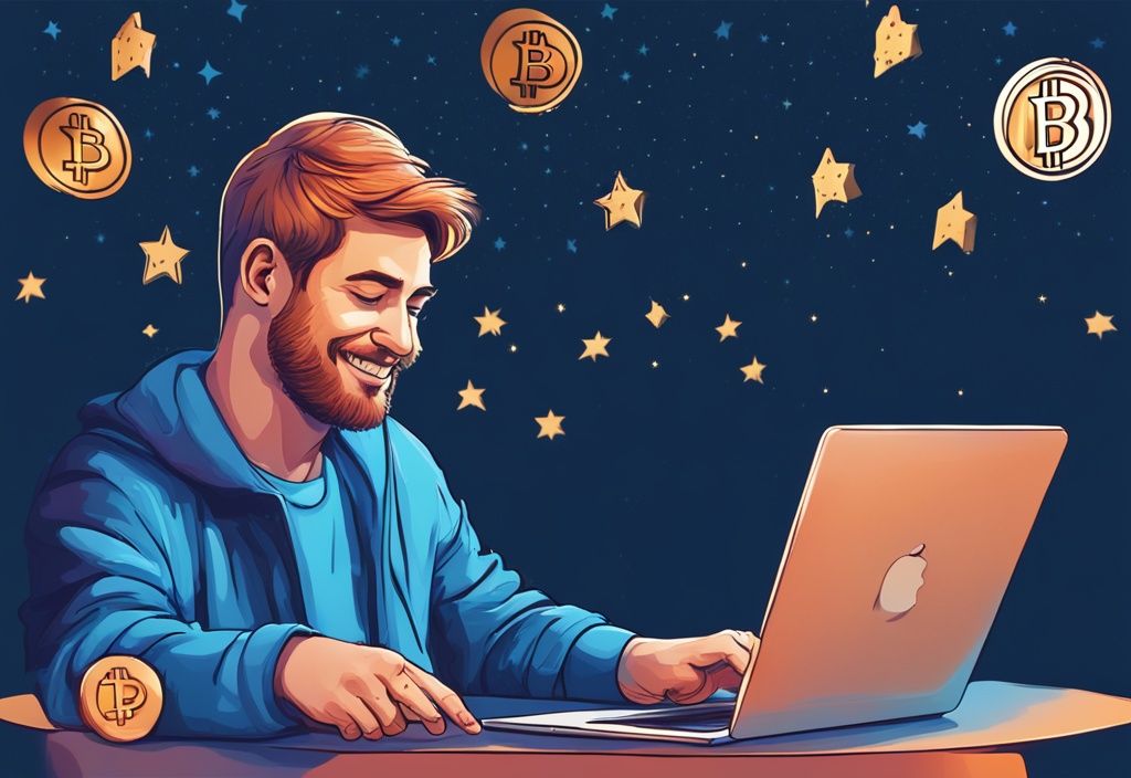Zufriedener Nutzer überprüft Bitcoin-Guthaben auf BTC Direct Plattform auf Laptop, umgeben von positiven Kundenbewertungssternen, moderne digitale Illustration in Blau.