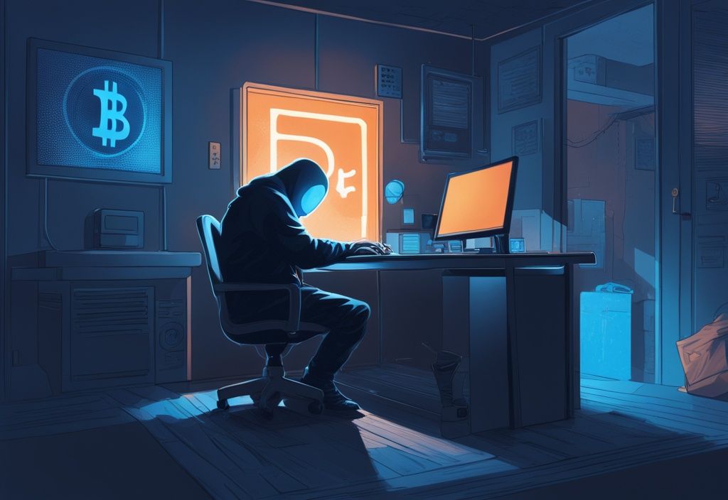 Moderne digitale Illustration in Blau: Geheimnisvolle Figur am Computer in schwach beleuchtetem Raum, Bitcoin-Logo leuchtet auf dem Bildschirm.