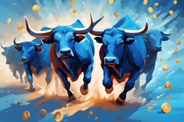 Moderne digitale Malerei mit blauer Farbtöne zeigt einen Krypto Bullrun 2024, dargestellt durch eine Herde von Bullen und Kalender, die das Jahr 2024 markieren.