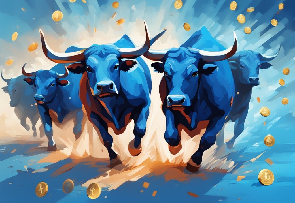 Moderne digitale Malerei mit blauer Farbtöne zeigt einen Krypto Bullrun 2024, dargestellt durch eine Herde von Bullen und Kalender, die das Jahr 2024 markieren.