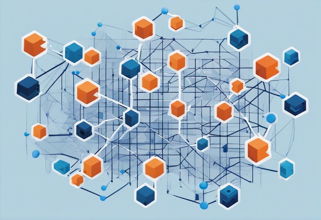 Moderne digitale Illustration mit blauem Farbschema, die ein komplexes Netzwerk von Blockchain-Blöcken und einen bullischen Aktienchart zeigt, um den Blockchain-ETF sinnvoll darzustellen.