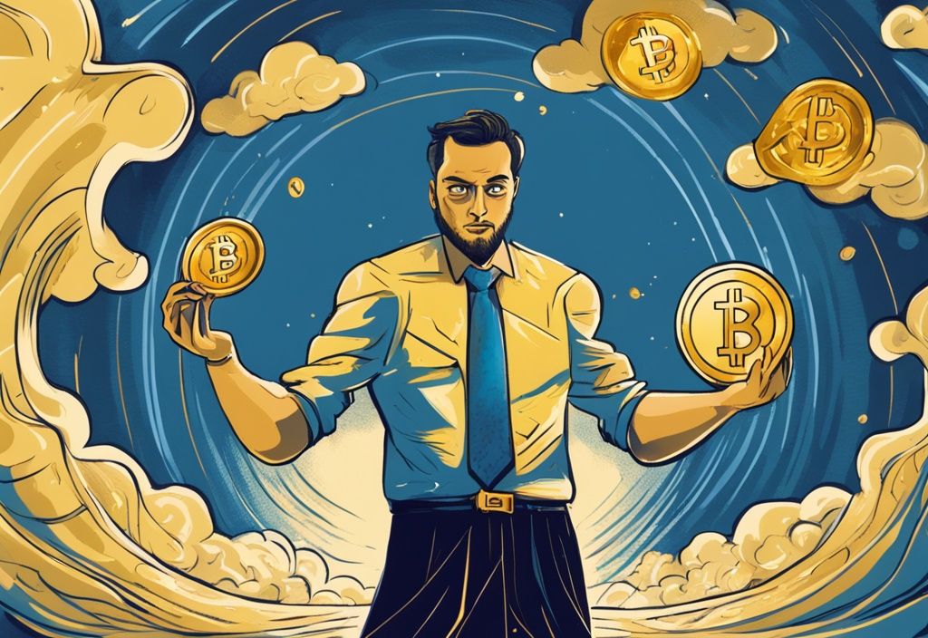 Moderner digitaler Gemälde-Illustration eines selbstbewussten Investors, der eine goldene Münze mit der Aufschrift 'Crypto' inmitten eines stürmischen Unwetters hält, HODL Bedeutung.