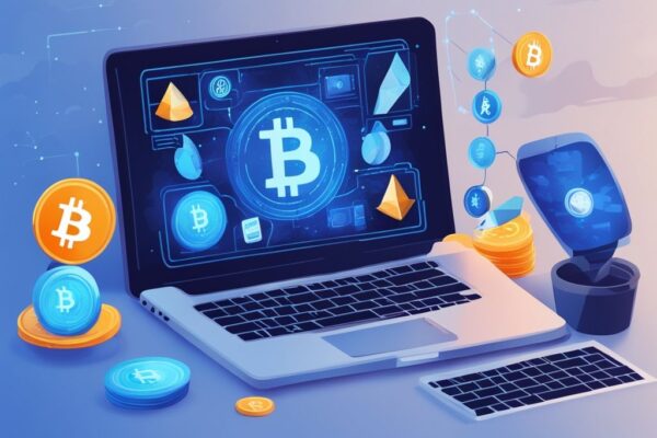 Modernes digitales Gemälde mit blauem Farbschema, das einen Laptop mit einer sicheren und hoch bewerteten Kryptowährungskonto-Anwendung zeigt, umgeben von leuchtenden Icons beliebter digitaler Währungen wie Bitcoin, Ethereum und Ripple - bestes Konto für Kryptowährung.