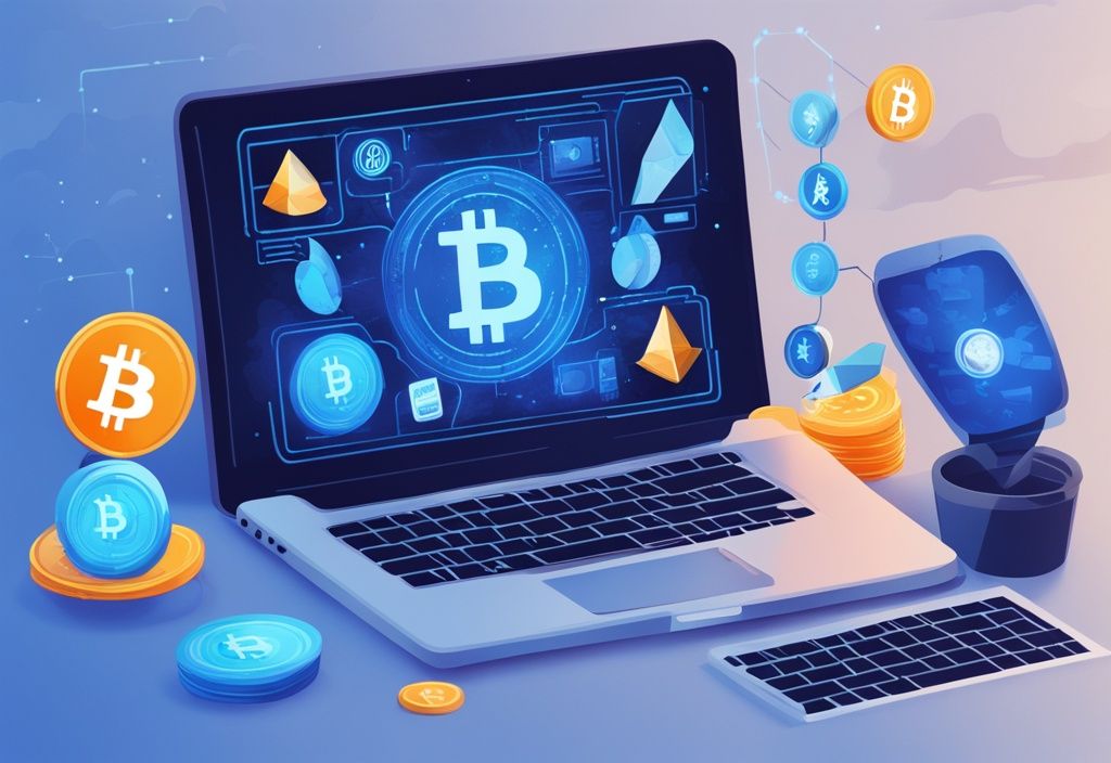 Modernes digitales Gemälde mit blauem Farbschema, das einen Laptop mit einer sicheren und hoch bewerteten Kryptowährungskonto-Anwendung zeigt, umgeben von leuchtenden Icons beliebter digitaler Währungen wie Bitcoin, Ethereum und Ripple - bestes Konto für Kryptowährung.