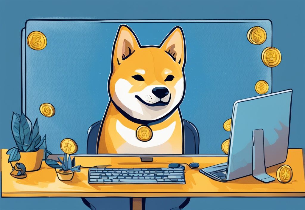 Moderner digitaler Gemäldeillustration in Blau mit einem verspielten Shiba Inu, dem Maskottchen von Dogecoin, der eine goldene Münze mit dem Dogecoin-Logo hält und neugierig auf einen Computerbildschirm mit Kryptowährungsbörsen schaut. Keyword: was ist Dogecoin.