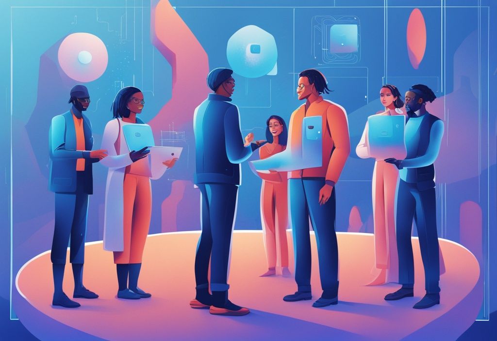 Moderne digitale Malerei mit blauer Farbgebung, die verschiedene Personen zeigt, die mit einer futuristischen Benutzeroberfläche des DeFi-Ökosystems interagieren.