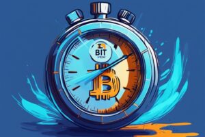 Digitales Gemälde einer Stoppuhr, die eine Bitcoin-Transaktion mit dem Thema "wie lange dauert eine Bitcoin Transaktion" in Blau darstellt.