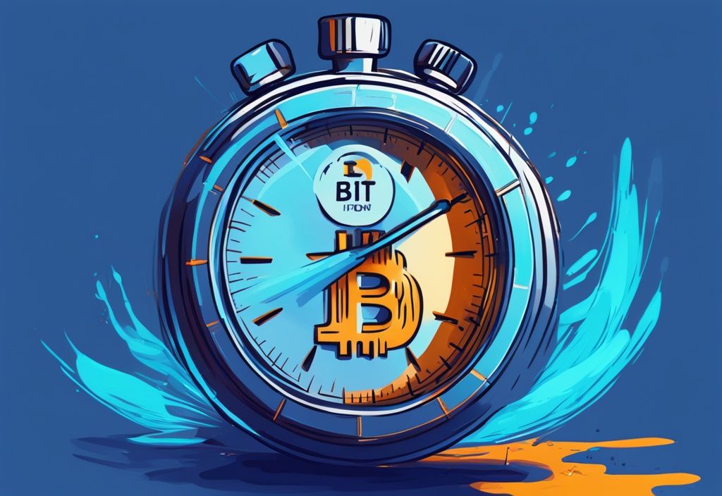 Digitales Gemälde einer Stoppuhr, die eine Bitcoin-Transaktion mit dem Thema "wie lange dauert eine Bitcoin Transaktion" in Blau darstellt.
