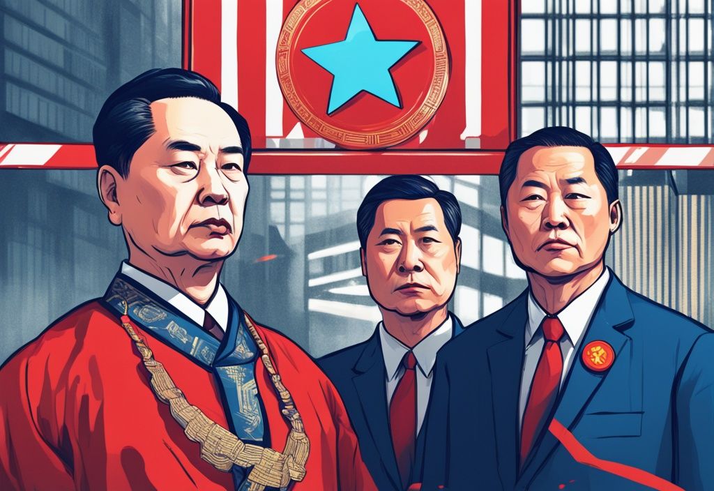 Moderne digitale Illustration in Blau, chinesische Regierungsbeamte blicken streng auf ein Bitcoin-Symbol, das mit rot-weißem Absperrband umwickelt ist, was auf seine Illegalität hinweist.