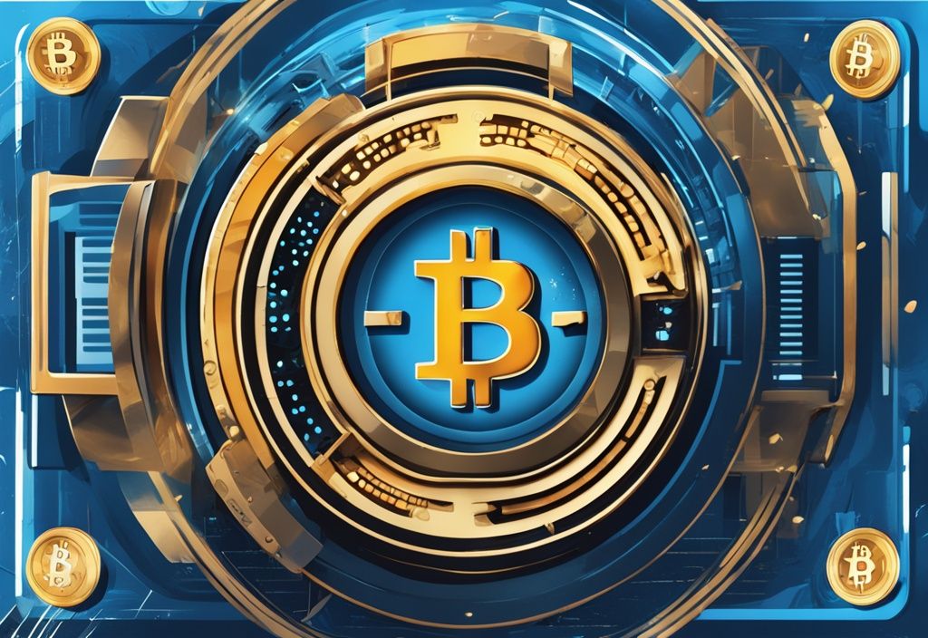 Moderne digitale Malerei mit blauem Farbschema, klassischer Filmrolle mit Bitcoin-Symbolen und großem Bildschirm mit Movie2k-Logo.