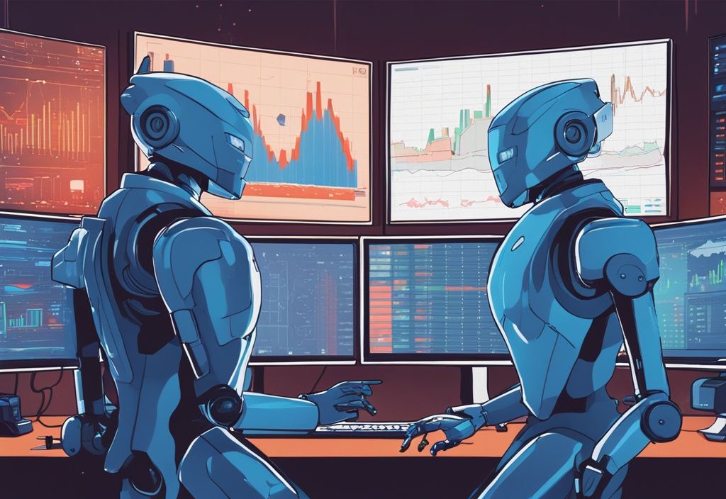 Moderne digitale Malerei mit zwei schlanken, modernen Robotern vor mehreren Computerbildschirmen, die verschiedene Kryptowährungsdiagramme und -charts anzeigen und präzise und schnelle Handelsausführungen durchführen.