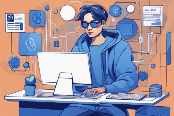 Junge Person interagiert mit intuitiver Benutzeroberfläche einer Krypto Börse für Anfänger auf einem Desktop-Computer, digitale Illustration in Blau.