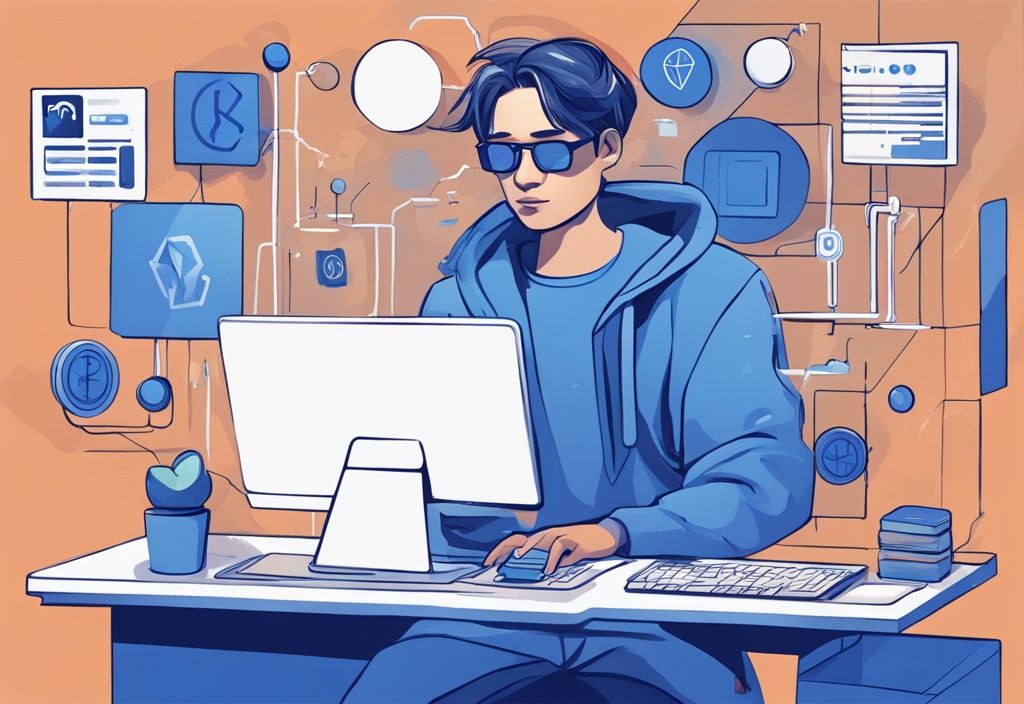 Junge Person interagiert mit intuitiver Benutzeroberfläche einer Krypto Börse für Anfänger auf einem Desktop-Computer, digitale Illustration in Blau.