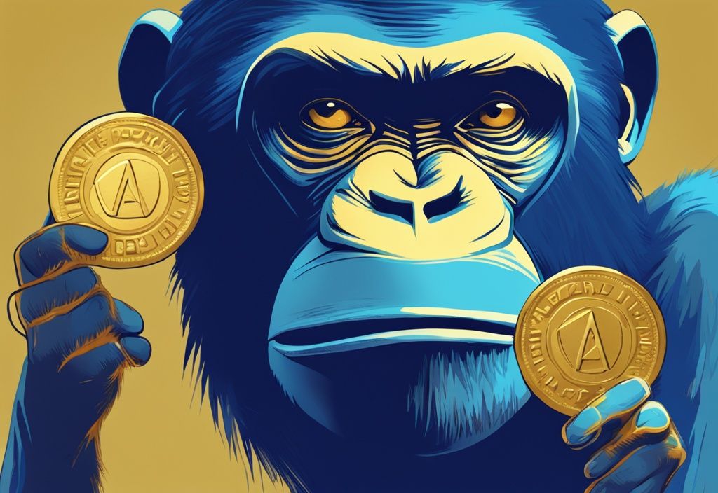 Moderne digitale Malerei eines anthropomorphen Affen, der eine große Goldmünze mit dem Symbol eines Affengesichts untersucht, das ApeCoin darstellt, Hauptfarbthema Blau.
