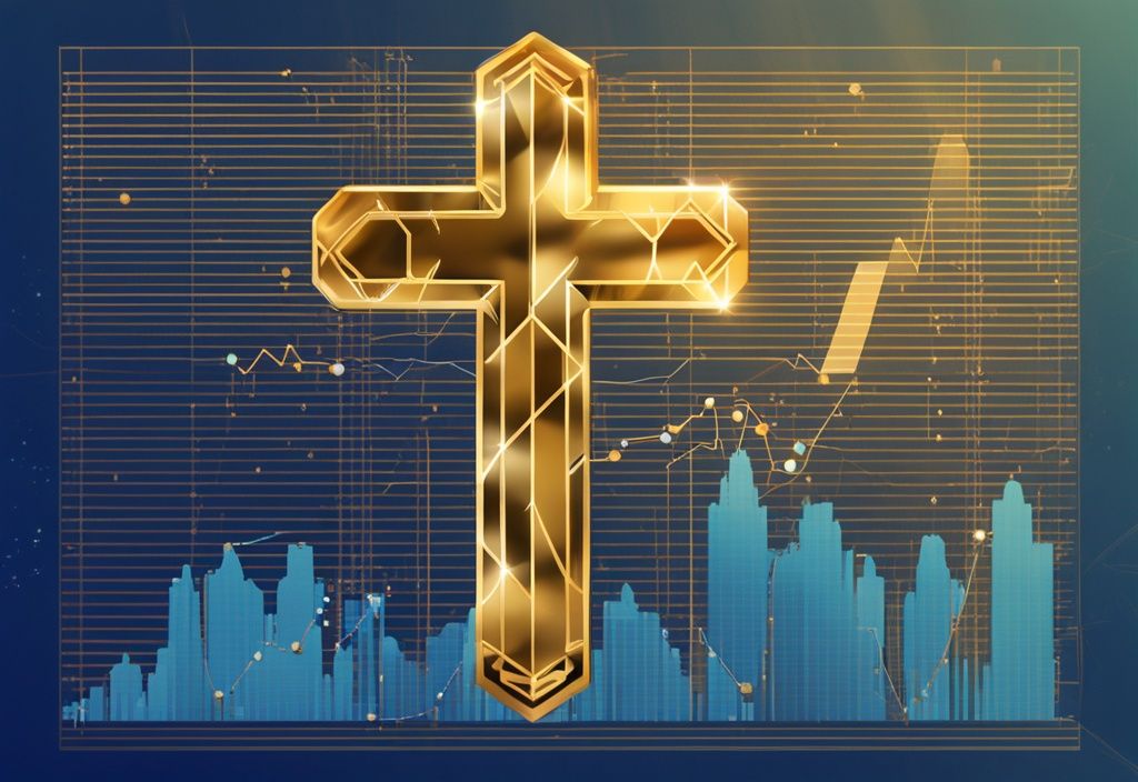 Moderne digitale Illustration mit blauem Farbschema, goldenes Kreuz und Bitcoin-Symbol, steigende Trendlinie, Hintergrund mit Finanzdiagrammen und -grafiken.