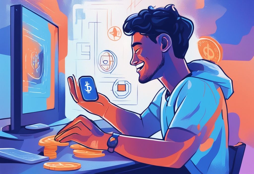 Moderne digitale Malerei eines glücklichen Menschen, der Kryptowährungen auf einer Benutzeroberfläche handelt, positive Erfahrungen mit Cryptohopper symbolisierend, Hauptfarbe Blau.