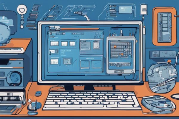 Komplette Nerdminer Anleitung: Einfach anfangen und Erfolg haben Moderne digitale Malerei mit blauem Farbthema, zeigt einen Computerbildschirm mit Nerdminer-Anleitung und klaren Markierungen zu verschiedenen Funktionen und Merkmalen.