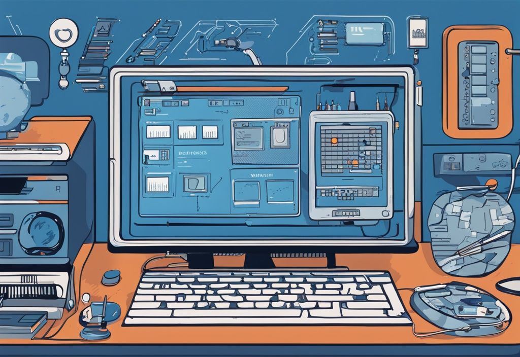Moderne digitale Malerei mit blauem Farbthema, zeigt einen Computerbildschirm mit Nerdminer-Anleitung und klaren Markierungen zu verschiedenen Funktionen und Merkmalen.