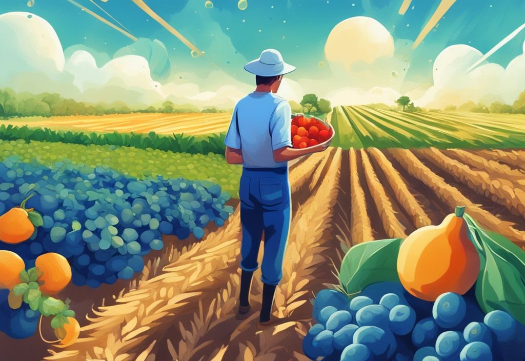 Moderne digitale Malerei, blauer Farbton, Bauer erntet reiche Feldfrüchte, Kryptowährungssymbole schweben darüber, Konzept des Yield Farming in der Blockchain-Welt.