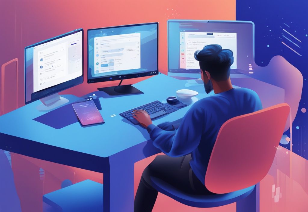 Eine moderne digitale Malerei-Illustration in Blau, die eine Person zeigt, die zufrieden die Bitvavo-Plattform auf ihrem Computer nutzt und mit dem sicheren Bitvavo Ledger Wallet interagiert.