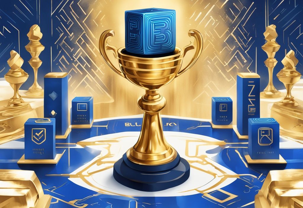 Moderne digitale Illustration mit blauem Farbschema: Goldene Trophäe mit Blockchain-Symbol auf Podest, umgeben von ETF-Logos, die Dominanz und Überlegenheit andeuten.