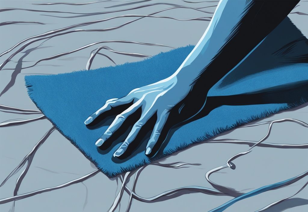 Digitale Malerei in Blau: Eine große Hand zieht an einer luxuriösen Teppicecke, die einen schockierenden Abgrund darunter enthüllt. Rugpull