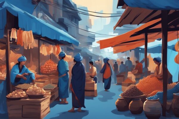 Moderne digitale Malerei einer belebten Marktszene mit Naga-Händlern, die verschiedene Waren anbieten und lebhafte Naga Trading Erfahrungen austauschen.