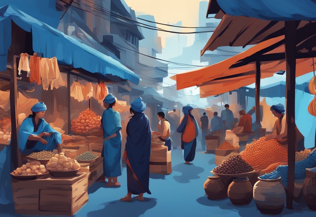 Moderne digitale Malerei einer belebten Marktszene mit Naga-Händlern, die verschiedene Waren anbieten und lebhafte Naga Trading Erfahrungen austauschen.