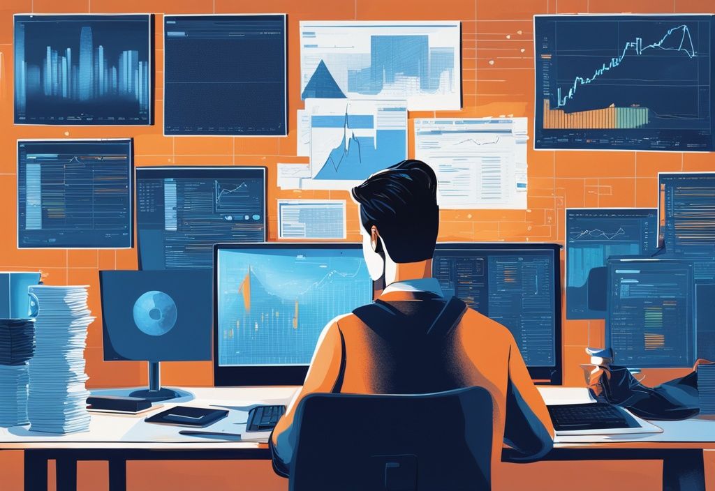 Ein moderner Steuerbeamter studiert einen Computerbildschirm mit Bitcoin-Transaktionen und Charts, Hauptfarbthema Blau – wie erfährt das Finanzamt von Bitcoin