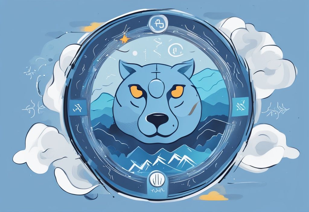 Digitale Illustration einer Floki Inu Coin umgeben von Wettersymbolen, die Schwankungen und Trends darstellen, mit blauem Farbthema.