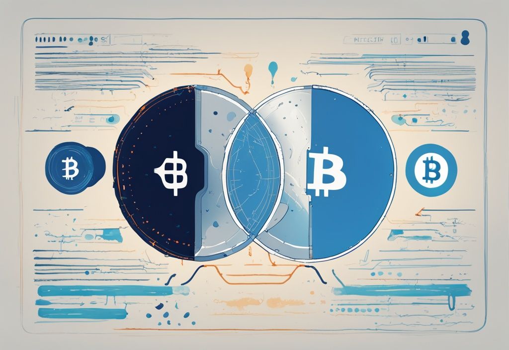 Moderne digitale Illustration mit blauem Farbschema, die eine grafische Zeitleiste darstellt, auf der ein Bitcoin in zwei Hälften geteilt wird, mit erklärenden Anmerkungen zum Prozess des Bitcoin Halving erklärt.