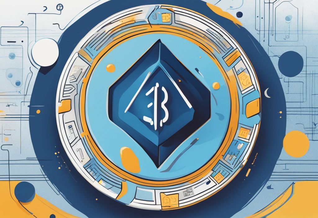 Moderne digitale Malerei-Illustration mit blauem Farbschema, die das Konzept von Axo Coin zeigt; Darstellung der Kryptowährungsmünze und eine einfache, freundliche Infografik zur Erklärung ihres Zwecks und ihrer Funktion.