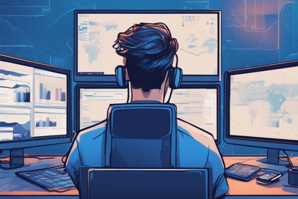 Moderner digitaler Gemäldeillustration eines selbstbewussten Blockchain-Entwicklers an einem Arbeitsplatz mit mehreren Bildschirmen, die Codes anzeigen, und einem sichtbaren hohen Gehaltsscheck auf dem Schreibtisch. Blockchain Developer Gehalt.