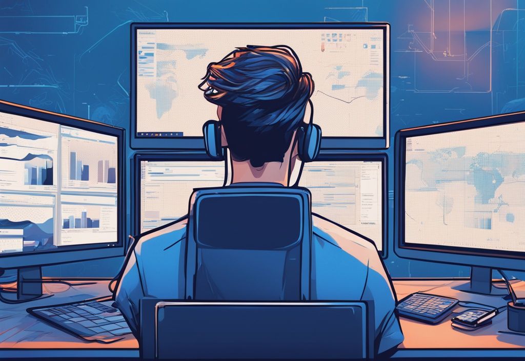 Moderner digitaler Gemäldeillustration eines selbstbewussten Blockchain-Entwicklers an einem Arbeitsplatz mit mehreren Bildschirmen, die Codes anzeigen, und einem sichtbaren hohen Gehaltsscheck auf dem Schreibtisch. Blockchain Developer Gehalt.
