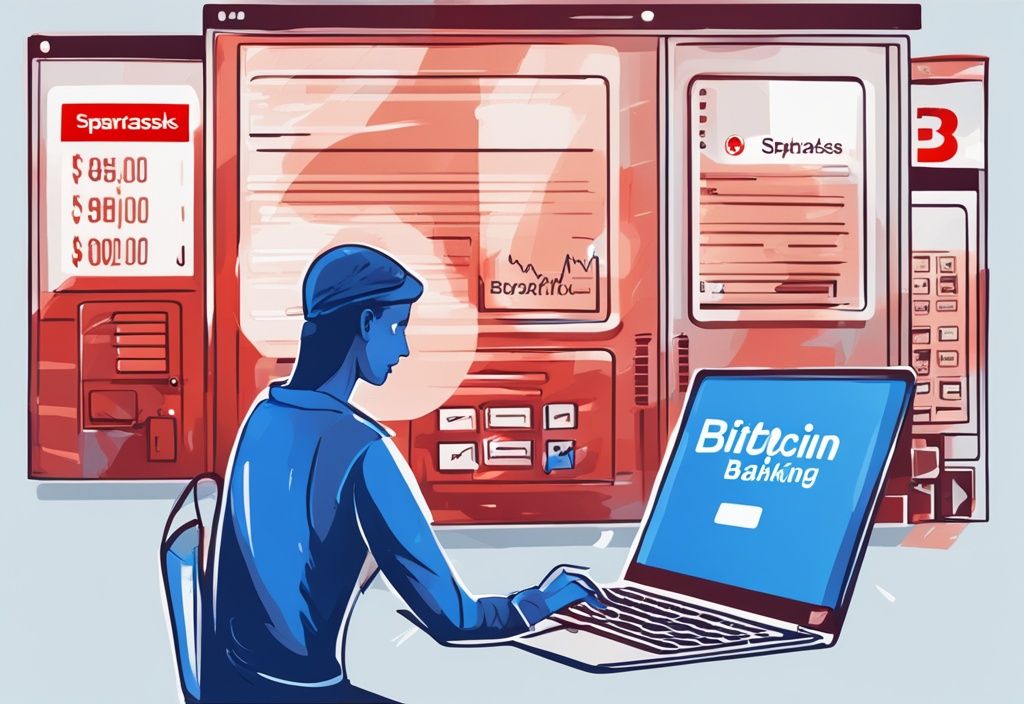 Kunde kauft Bitcoin über Sparkasse Online-Banking auf Laptop, digitale Illustration, blaue Farbthematik