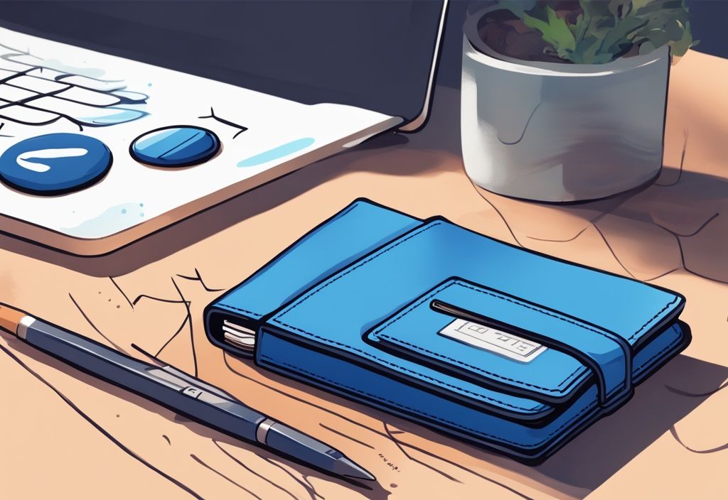 Nahaufnahme einer Ellipal Wallet auf einem modernen, aufgeräumten Arbeitsplatz mit Smartphone, das die Ergebnisse des Sicherheitstests anzeigt, digitale Malerei in Blautönen.