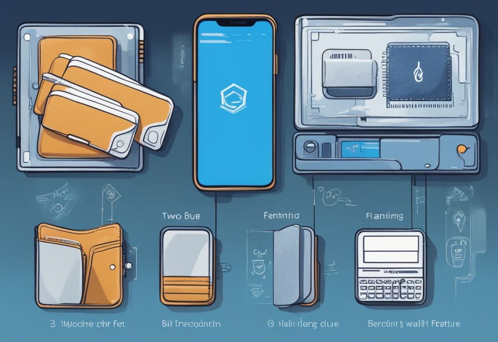 Moderne digitale Illustration in Blau: Zwei digitale Wallets, BitBox und Ledger, im Vergleich, hervorgehoben durch eine Waage, die Funktionen und Sicherheit ausbalanciert.