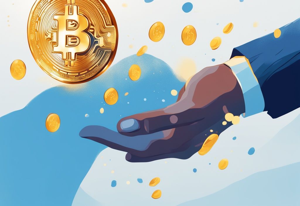 Hand, die einen glitzernden, goldenen Bitcoin an eine andere Hand übergibt – Bitcoin verschenken, digitales Gemälde in Blau.