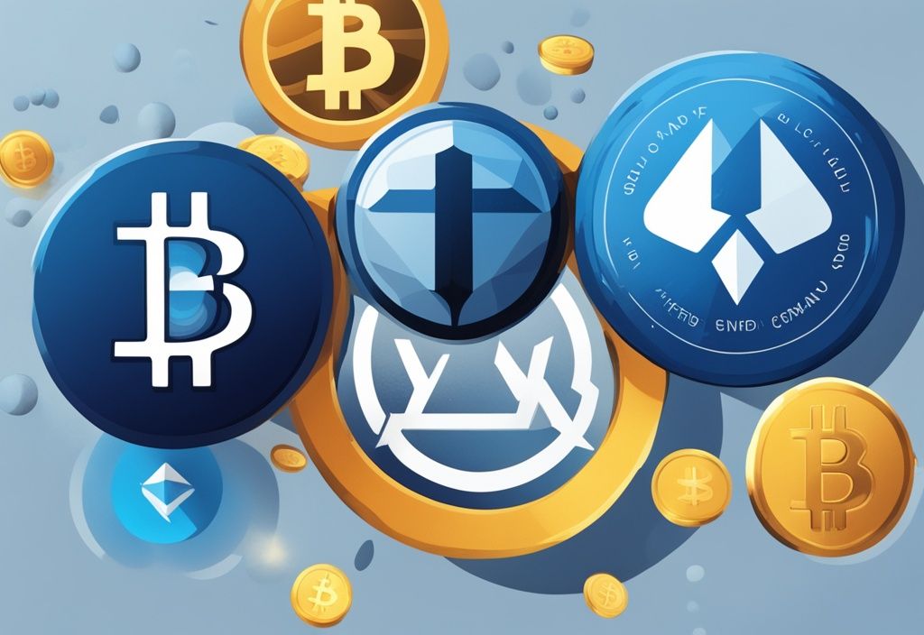 Moderne digitale Illustration mit blauer Farbgebung, zeigt fünf Kryptowährungslogos - Bitcoin, Ethereum, Binance Coin, Tether und Cardano - in absteigender Reihenfolge auf dynamischem, digitalem Hintergrund.