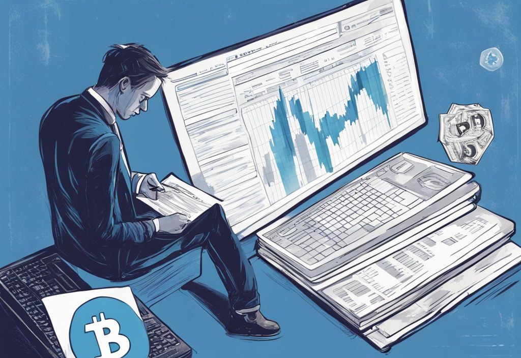Eine moderne digitale Illustration in Blau zeigt eine gestresste Person, die auf einen fallenden Kryptowährungskurs schaut und Steuerformulare ausfüllt.