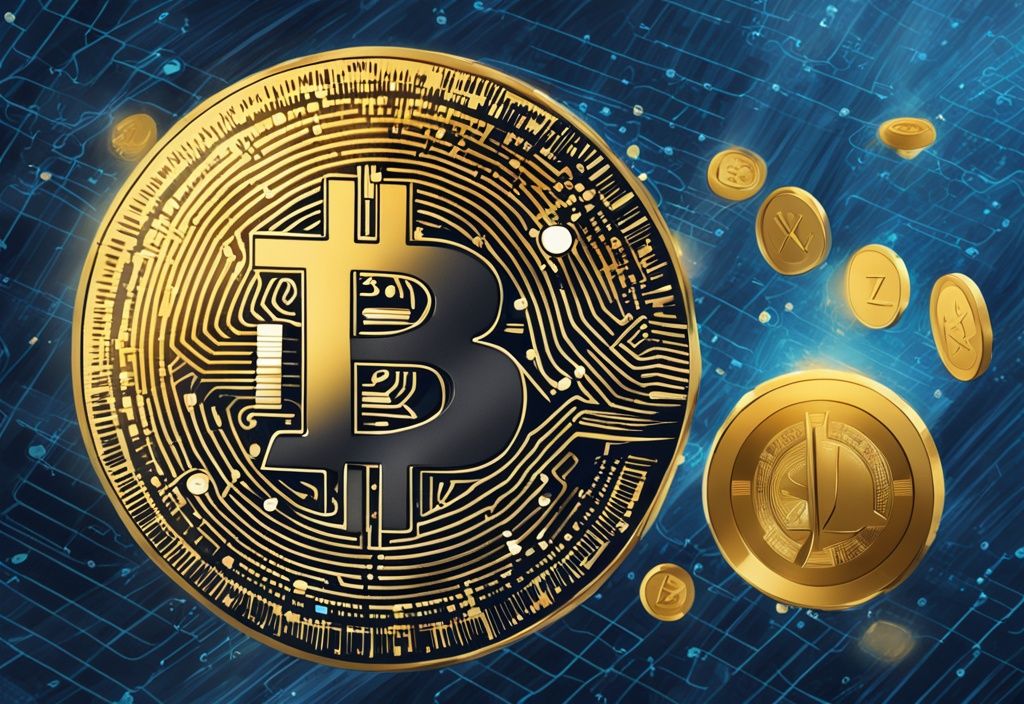Moderne digitale Malerei mit blauer Farbthematik, schwebende mathematische Gleichungen über einer physischen goldenen Kryptowährungsmünze, symbolisiert Quant Crypto.