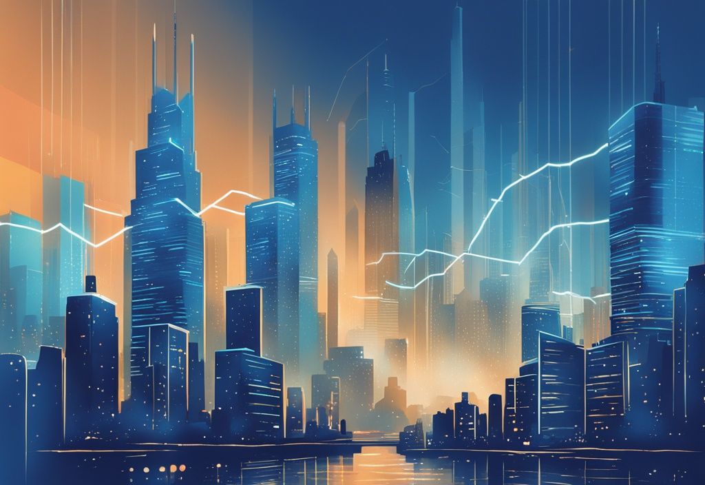 Moderne digitale Malerei einer futuristischen Stadt mit einem digitalen Bildschirm, der ein steigendes Liniendiagramm mit der Aufschrift "Bitcoin 2024" zeigt - Bitcoin Prognose 2024.