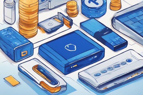 Moderne digitale Illustration in Blau mit BitBox und Ledger, zwei Kryptowährung Hardware Wallets im Vergleich, BitBox vs Ledger.
